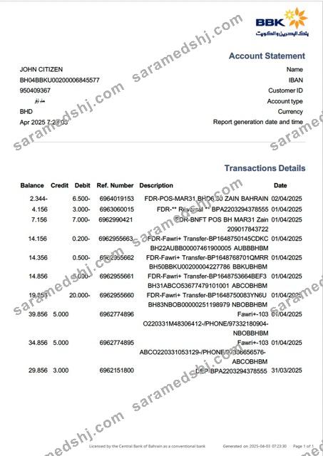 Bahrain Bank of Bahrain and Kuwait (BBT) account statement Word and PDF template